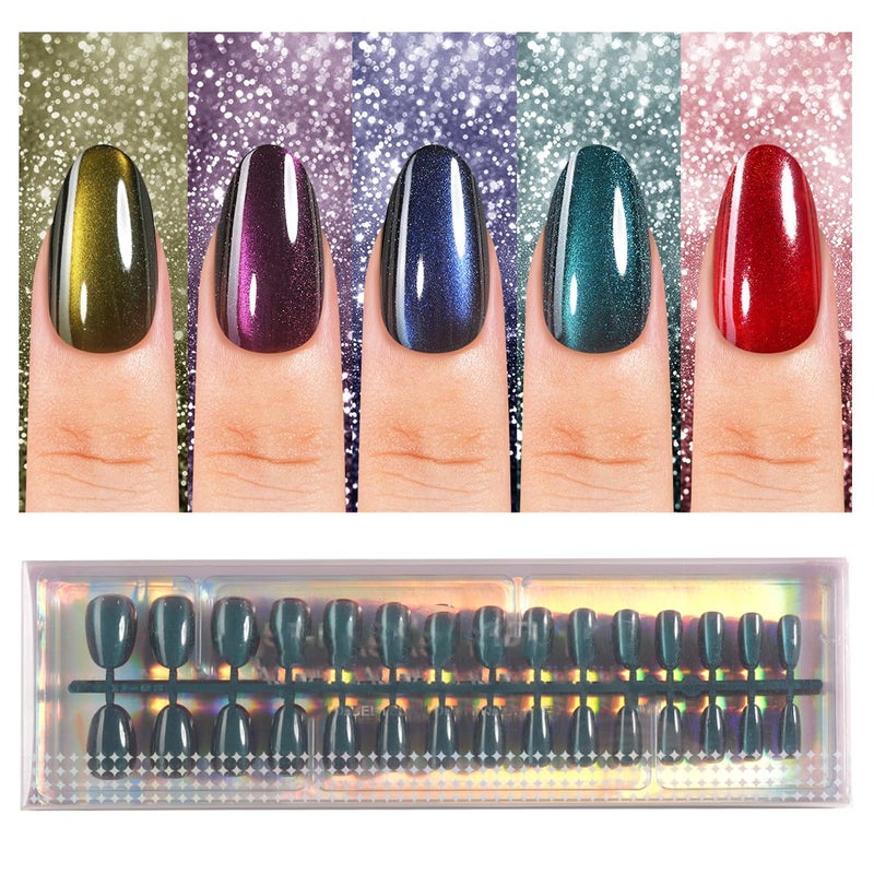 Plauva 150Pcs Cat Eye Press on Nails, Short Oval Cat Eye Nail Tips, Glossy Glitter Fake Nails, Soft Gel Stick On Nails for Women and Girls 15 Sizes - Image 1